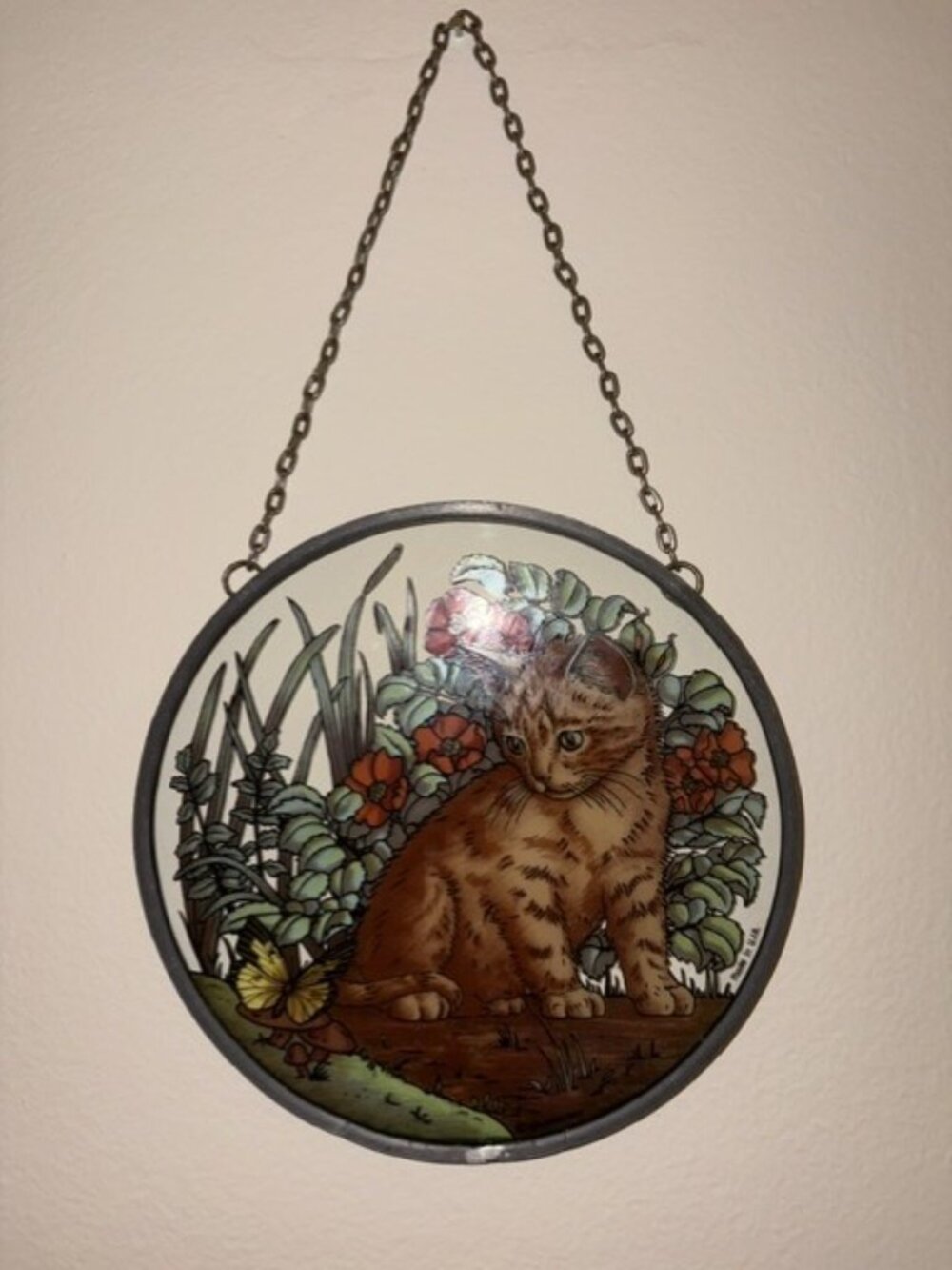 Vintage 1983 Glassmasters Stained Glass Hanging Suncatcher Tabby Kitten